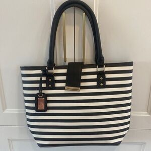 ALDO Vintage Striped Black & Creme Tote Bag in Faux Leather w long/short strap